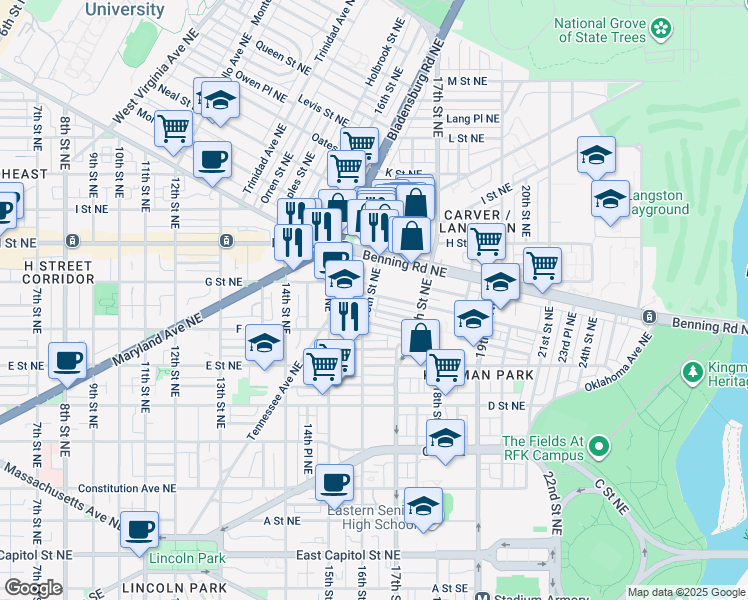 map of restaurants, bars, coffee shops, grocery stores, and more near 101 Independence Avenue Southeast in Washington