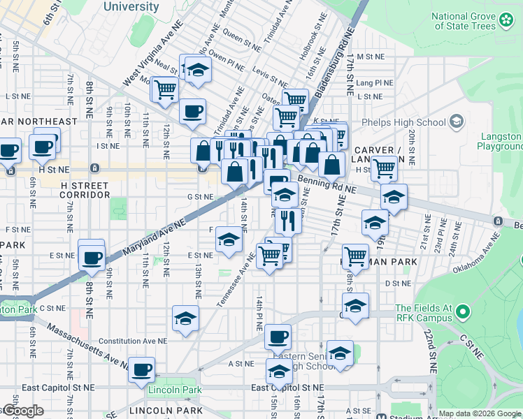 map of restaurants, bars, coffee shops, grocery stores, and more near 101 Independence Avenue Southeast in Washington