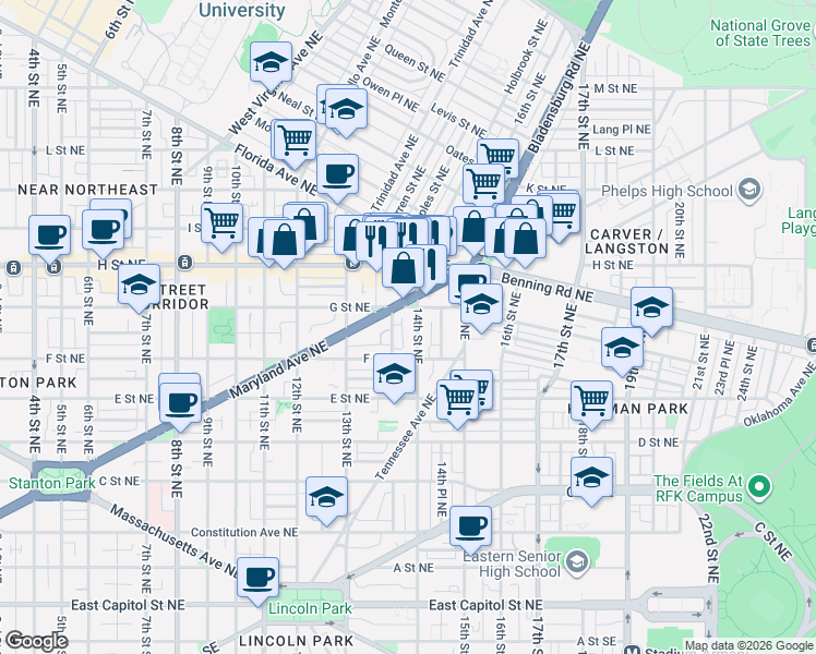 map of restaurants, bars, coffee shops, grocery stores, and more near 101 Independence Avenue Southeast in Washington