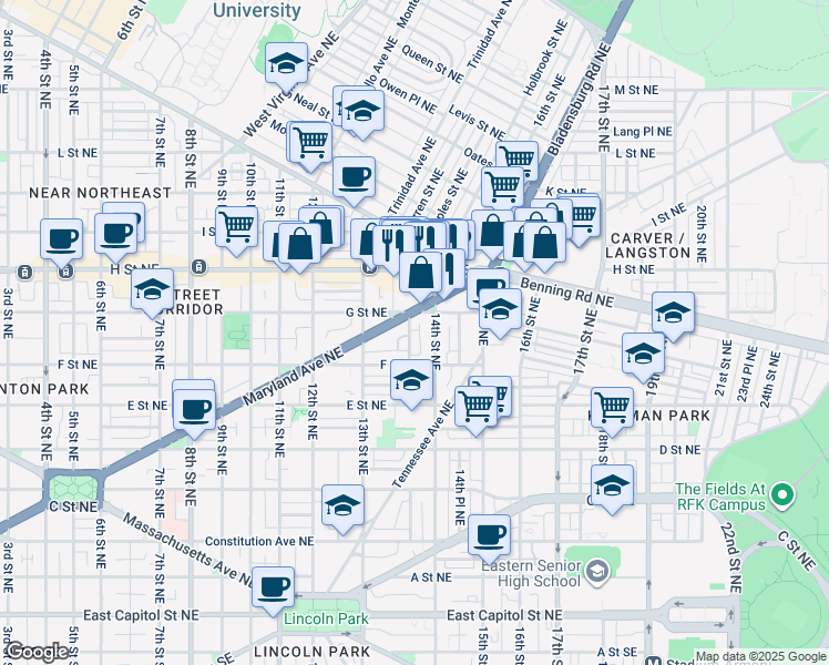 map of restaurants, bars, coffee shops, grocery stores, and more near 633 Elliott Street Northeast in Washington