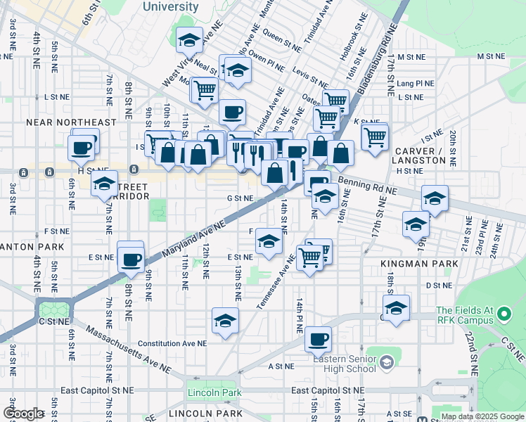 map of restaurants, bars, coffee shops, grocery stores, and more near 101 Independence Avenue Southeast in Washington