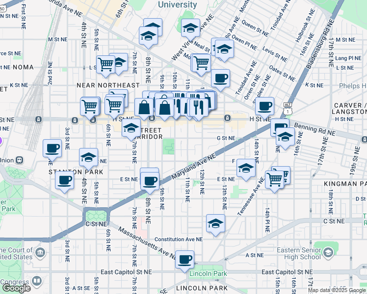 map of restaurants, bars, coffee shops, grocery stores, and more near 101 Independence Avenue Southeast in Washington