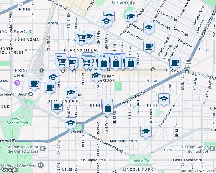 map of restaurants, bars, coffee shops, grocery stores, and more near 101 Independence Avenue Southeast in Washington