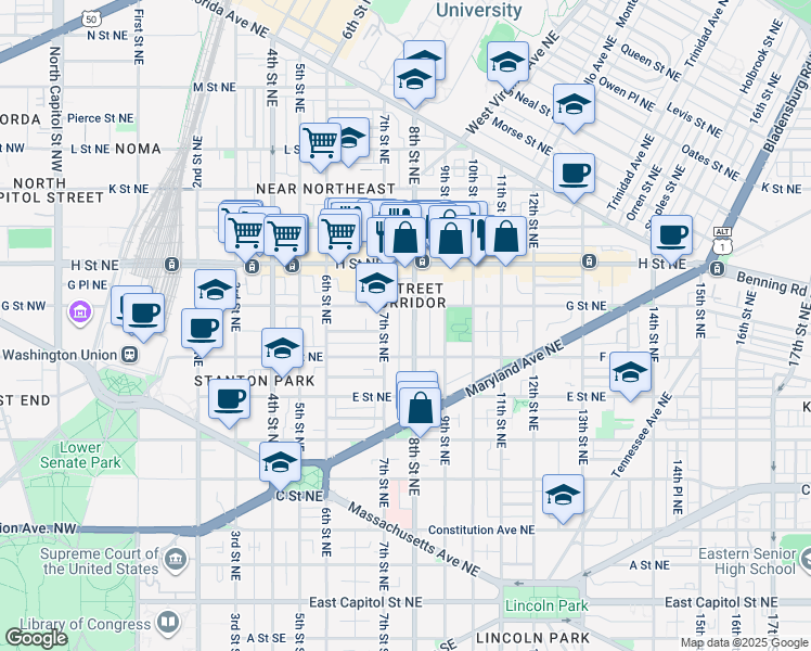 map of restaurants, bars, coffee shops, grocery stores, and more near 101 Independence Avenue Southeast in Washington