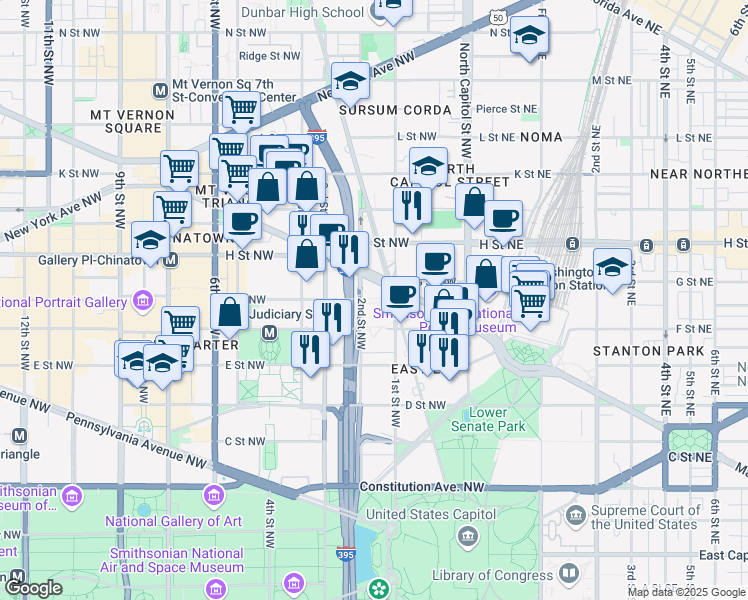 map of restaurants, bars, coffee shops, grocery stores, and more near 101 Independence Avenue Southeast in Washington