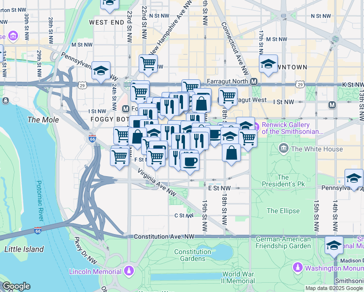 map of restaurants, bars, coffee shops, grocery stores, and more near 101 Independence Avenue Southeast in Washington