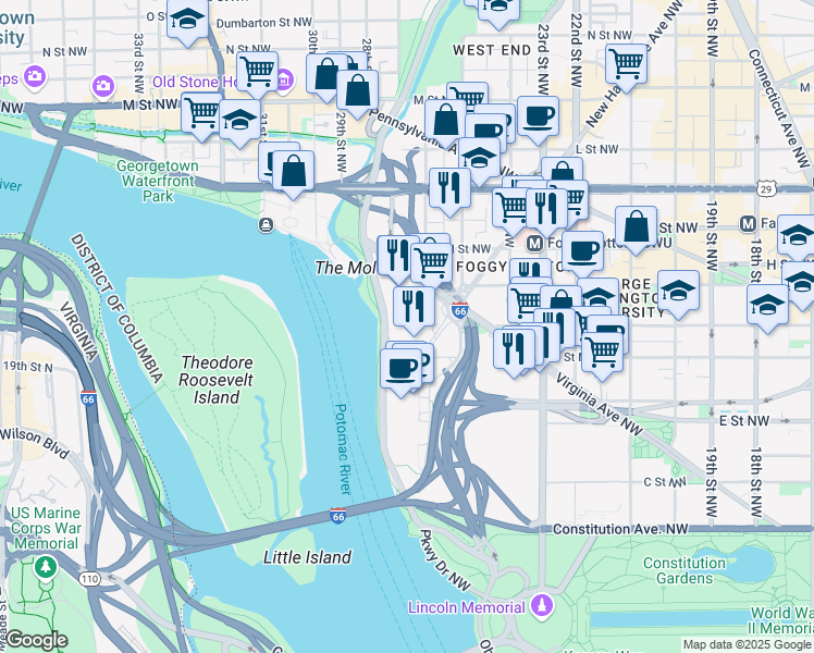 map of restaurants, bars, coffee shops, grocery stores, and more near 101 Independence Avenue Southeast in Washington