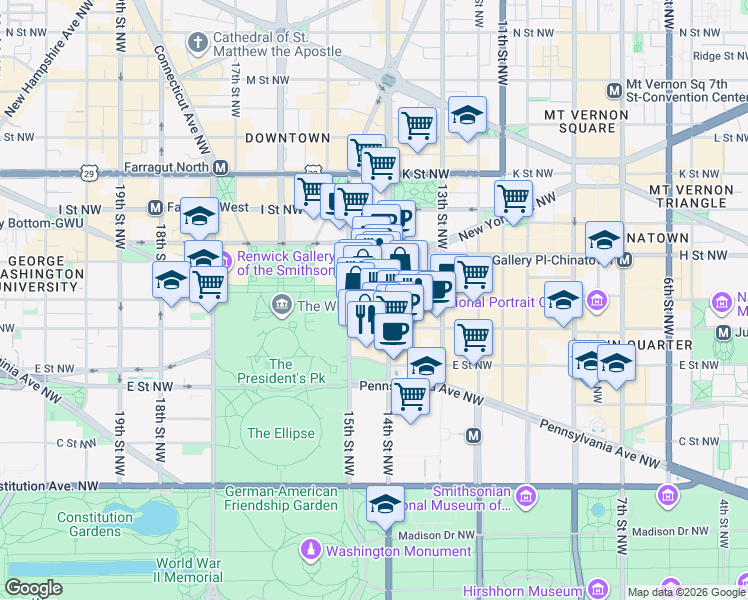 map of restaurants, bars, coffee shops, grocery stores, and more near 1405 G St NW in Washington