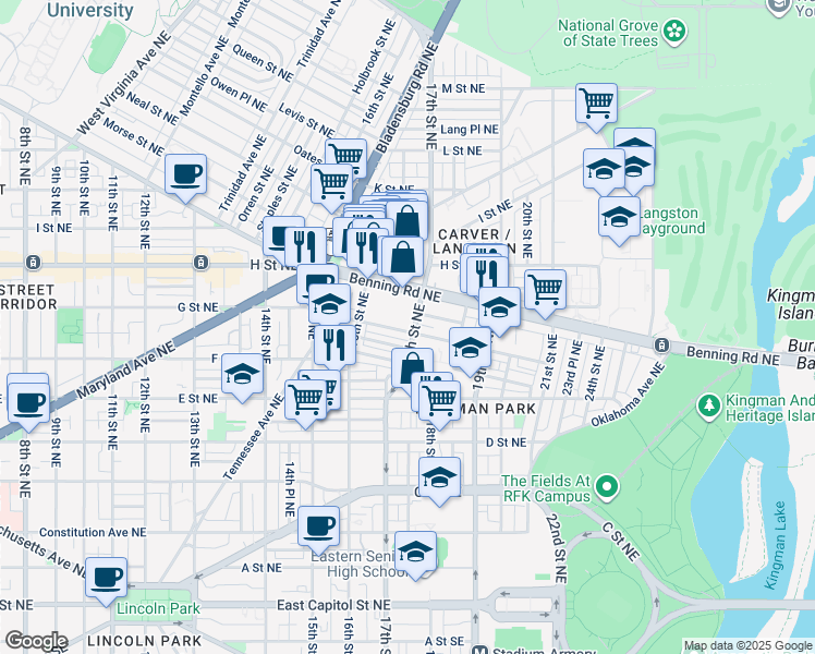 map of restaurants, bars, coffee shops, grocery stores, and more near 1656 Gales Street Northeast in Washington