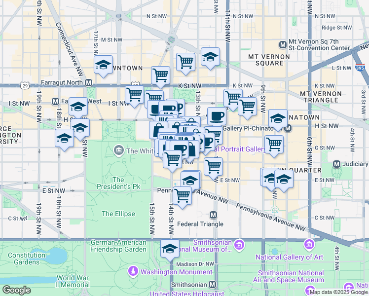 map of restaurants, bars, coffee shops, grocery stores, and more near G Street Northwest in Washington