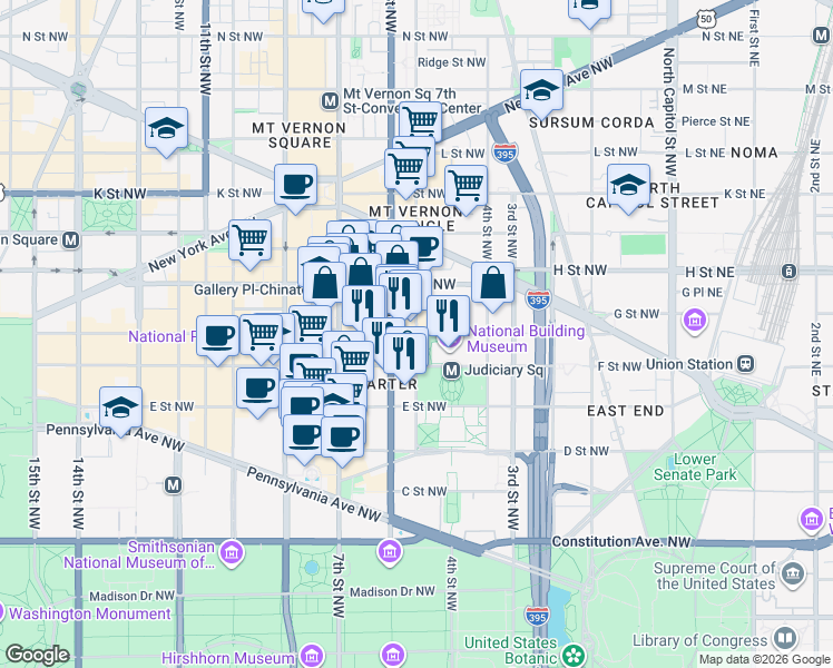 map of restaurants, bars, coffee shops, grocery stores, and more near 5th Street Northwest & G Street Northwest in Washington