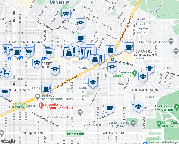 map of restaurants, bars, coffee shops, grocery stores, and more near 101 Independence Avenue Southeast in Washington