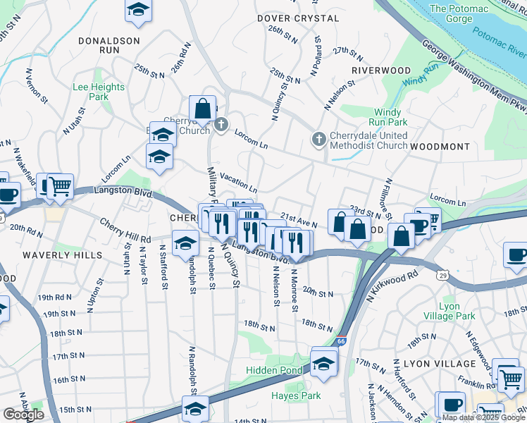 map of restaurants, bars, coffee shops, grocery stores, and more near 2150 North Oakland Street in Arlington