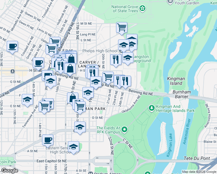 map of restaurants, bars, coffee shops, grocery stores, and more near 101 Independence Avenue Southeast in Washington