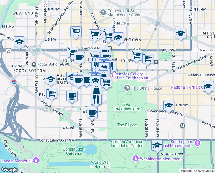 map of restaurants, bars, coffee shops, grocery stores, and more near 1700 G Street Northwest in Washington
