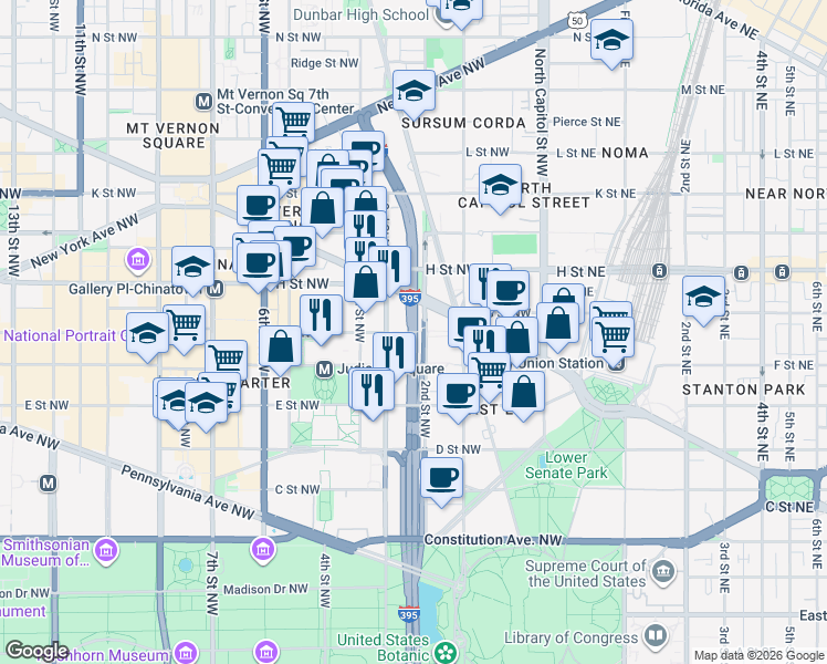 map of restaurants, bars, coffee shops, grocery stores, and more near Interstate 395 in Washington