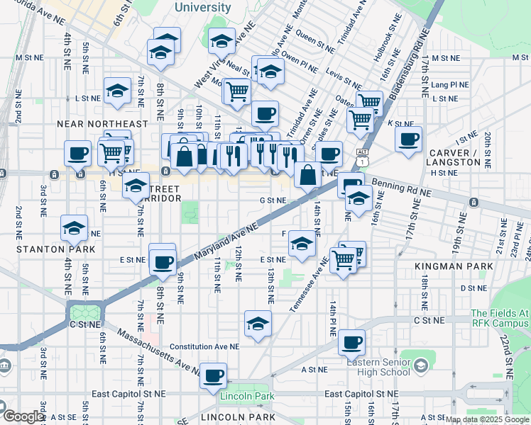 map of restaurants, bars, coffee shops, grocery stores, and more near 1250 Maryland Avenue Northeast in Washington