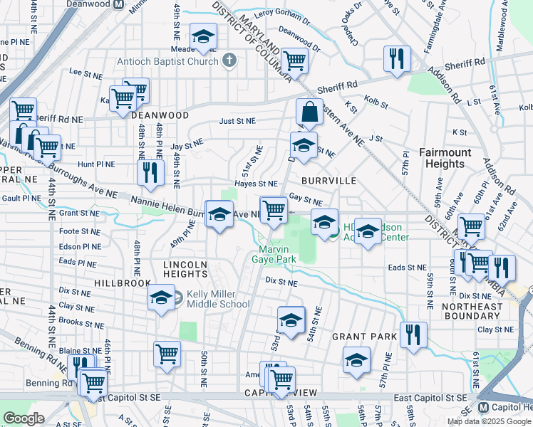 map of restaurants, bars, coffee shops, grocery stores, and more near 5129 Nannie Helen Burroughs Avenue Northeast in Washington