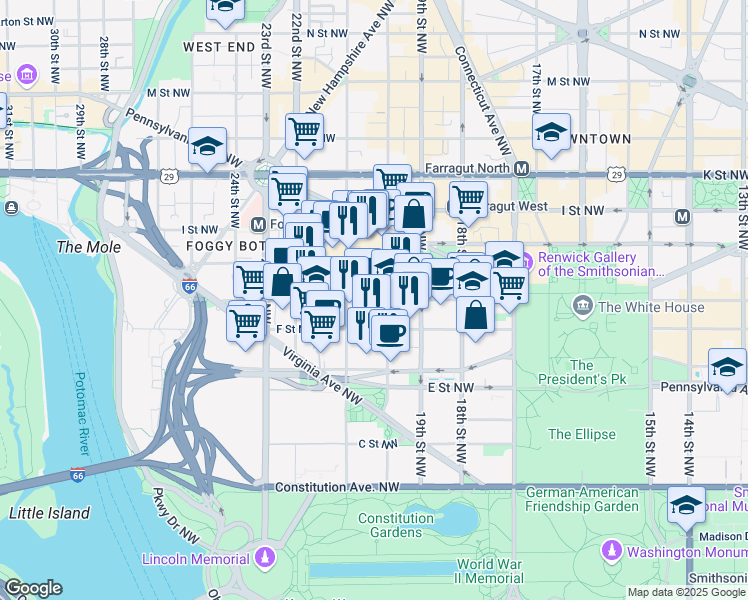 map of restaurants, bars, coffee shops, grocery stores, and more near 2033 G Street Northwest in Washington