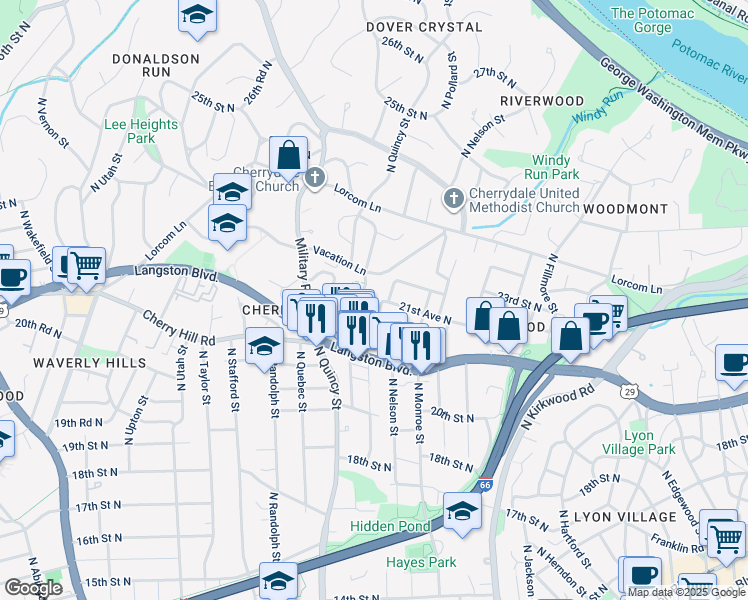 map of restaurants, bars, coffee shops, grocery stores, and more near 2150 North Oakland Street in Arlington