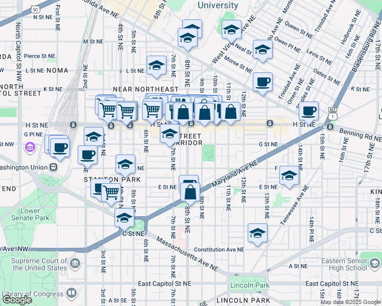 map of restaurants, bars, coffee shops, grocery stores, and more near 635 8th St NE in Washington