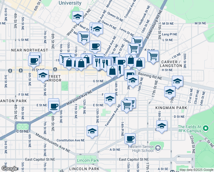 map of restaurants, bars, coffee shops, grocery stores, and more near 1341 Maryland Avenue Northeast in Washington