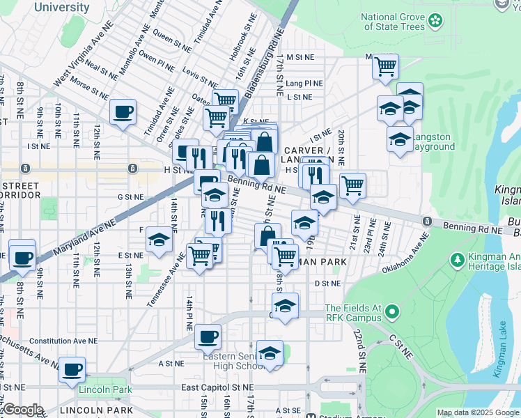 map of restaurants, bars, coffee shops, grocery stores, and more near 1648 Gales Street Northeast in Washington