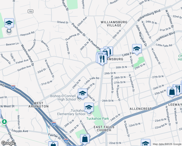 map of restaurants, bars, coffee shops, grocery stores, and more near 2843 North Rochester Street in Arlington