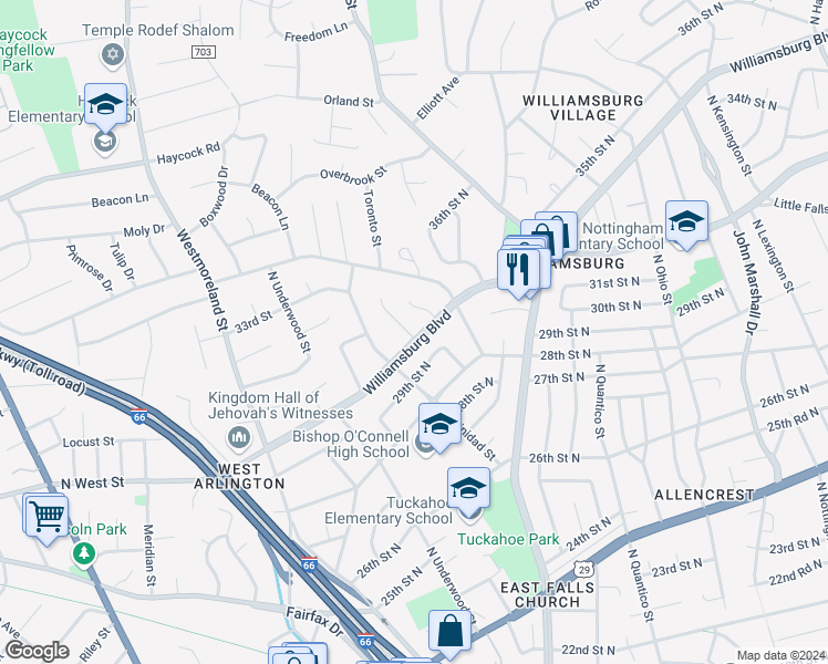 map of restaurants, bars, coffee shops, grocery stores, and more near 3003 North Toronto Street in Arlington