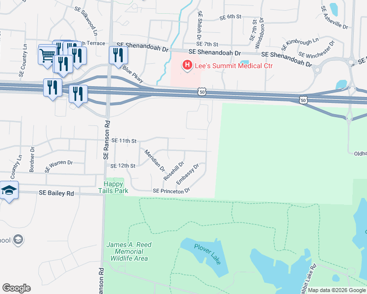 map of restaurants, bars, coffee shops, grocery stores, and more near 117 Southwest Winterpark Lane in Lee's Summit