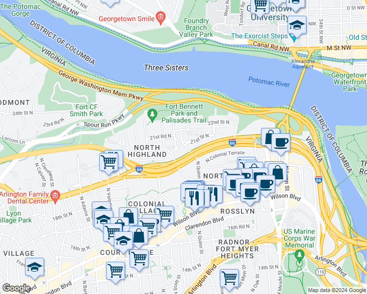 map of restaurants, bars, coffee shops, grocery stores, and more near 2101 North Rolfe Street in Arlington
