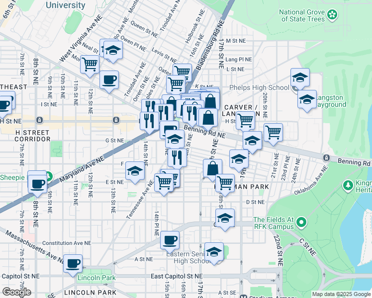 map of restaurants, bars, coffee shops, grocery stores, and more near 101 Independence Avenue Southeast in Washington