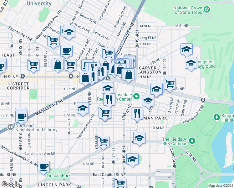 map of restaurants, bars, coffee shops, grocery stores, and more near 655 16th Street Northeast in Washington