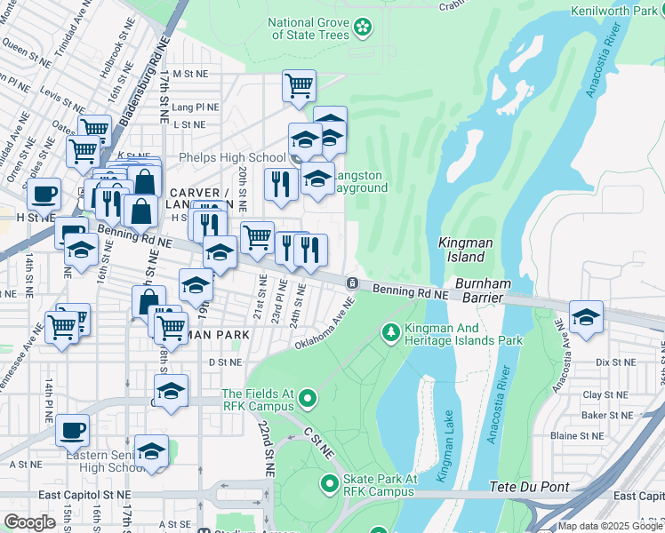 map of restaurants, bars, coffee shops, grocery stores, and more near 2550 Benning Road Northeast in Washington