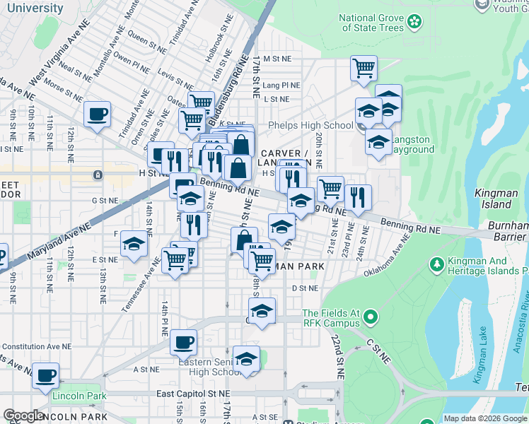 map of restaurants, bars, coffee shops, grocery stores, and more near 101 Independence Avenue Southeast in Washington