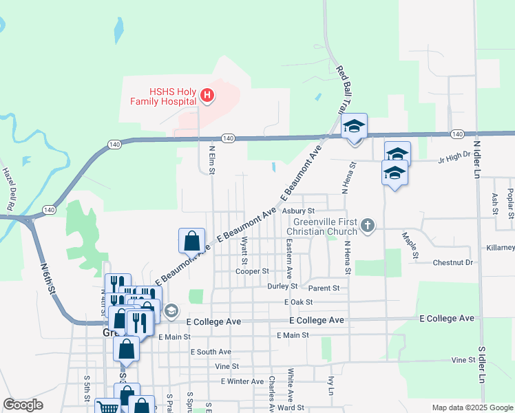 map of restaurants, bars, coffee shops, grocery stores, and more near 649 East Beaumont Avenue in Greenville