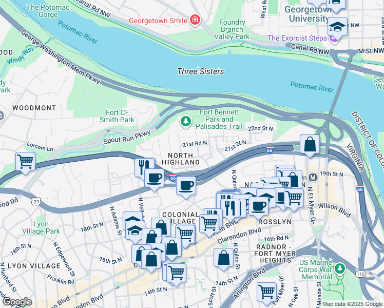 map of restaurants, bars, coffee shops, grocery stores, and more near 2102 North Scott Street in Arlington