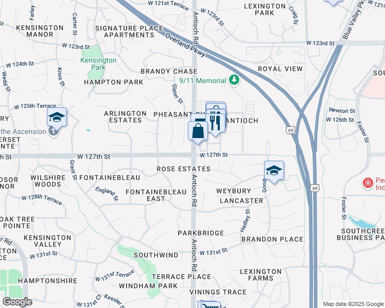 map of restaurants, bars, coffee shops, grocery stores, and more near Antioch Road & West 127th Street in Overland Park