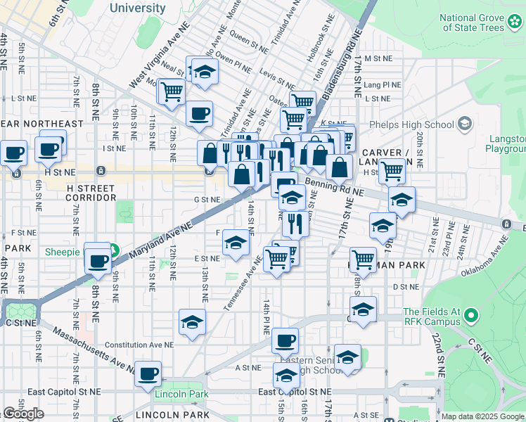 map of restaurants, bars, coffee shops, grocery stores, and more near 101 Independence Avenue Southeast in Washington