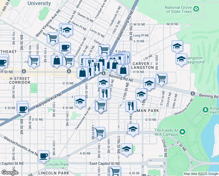 map of restaurants, bars, coffee shops, grocery stores, and more near 1537 Gales Street Northeast in Washington