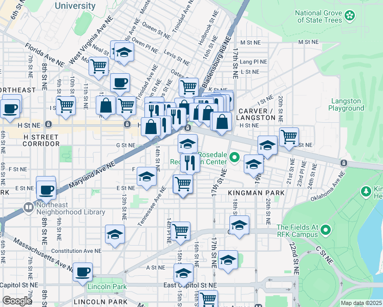 map of restaurants, bars, coffee shops, grocery stores, and more near 1519 Gales Street Northeast in Washington