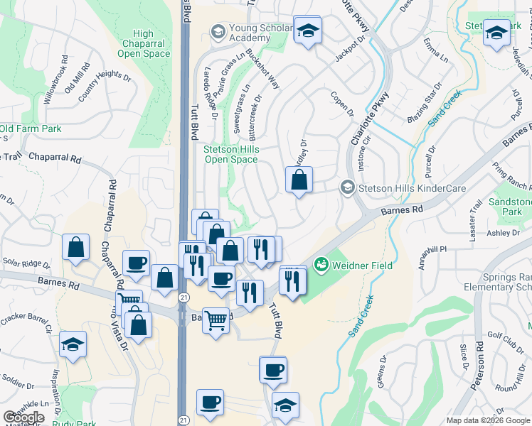 map of restaurants, bars, coffee shops, grocery stores, and more near 4635 Double Lasso Court in Colorado Springs