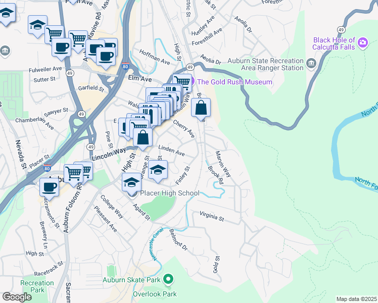 map of restaurants, bars, coffee shops, grocery stores, and more near 436 Linden Avenue in Auburn