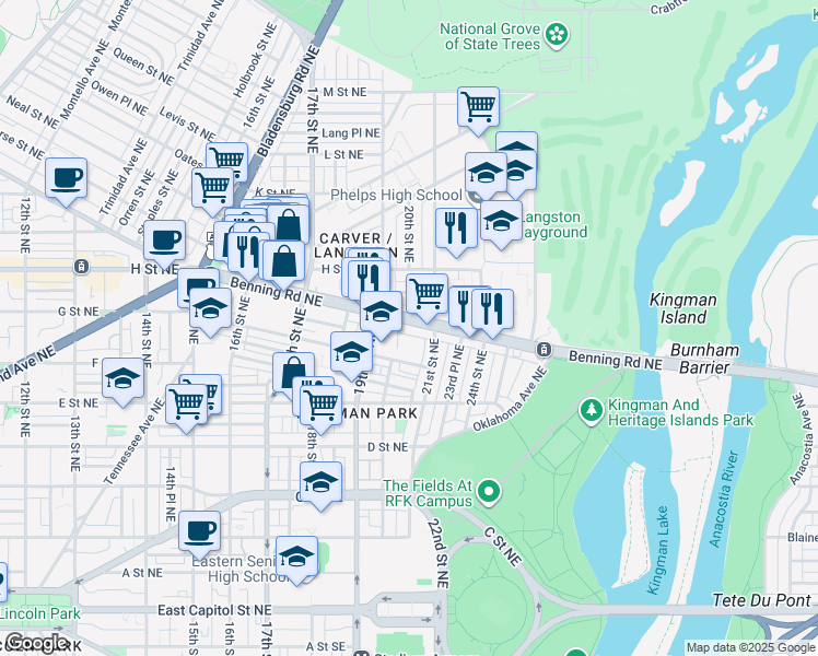 map of restaurants, bars, coffee shops, grocery stores, and more near 101 Independence Avenue Southeast in Washington