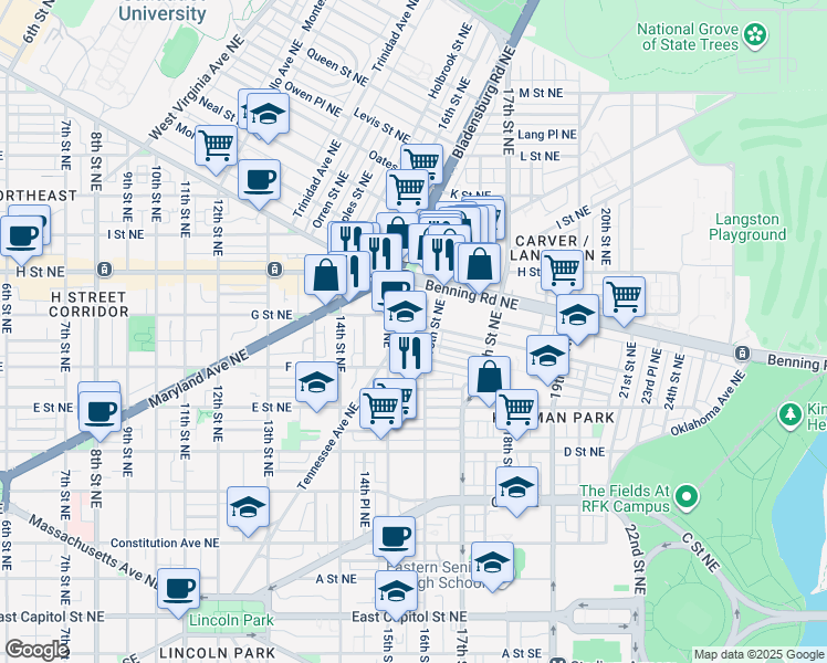 map of restaurants, bars, coffee shops, grocery stores, and more near 1519 Gales Street Northeast in Washington