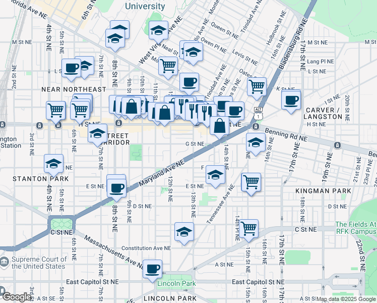 map of restaurants, bars, coffee shops, grocery stores, and more near 101 Independence Avenue Southeast in Washington