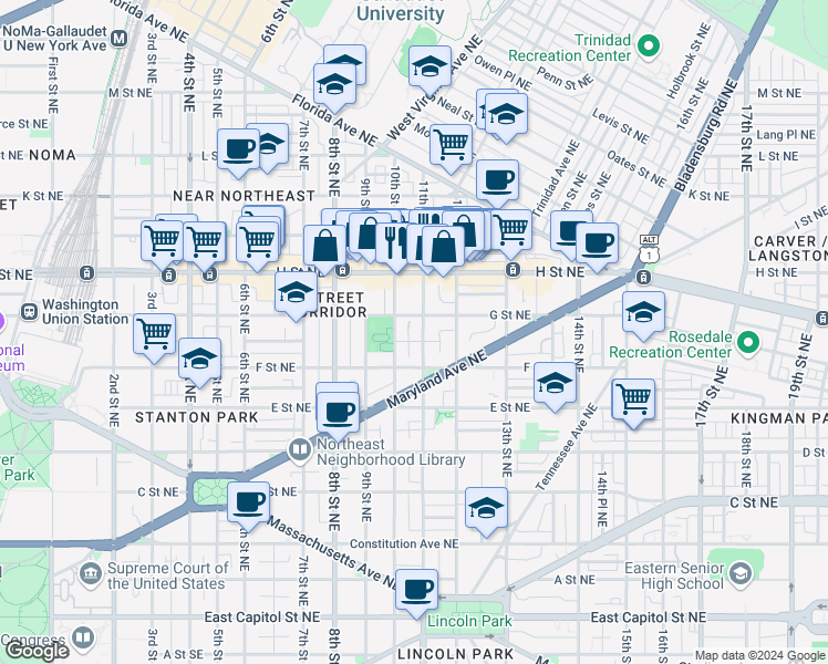 map of restaurants, bars, coffee shops, grocery stores, and more near 101 Independence Avenue Southeast in Washington