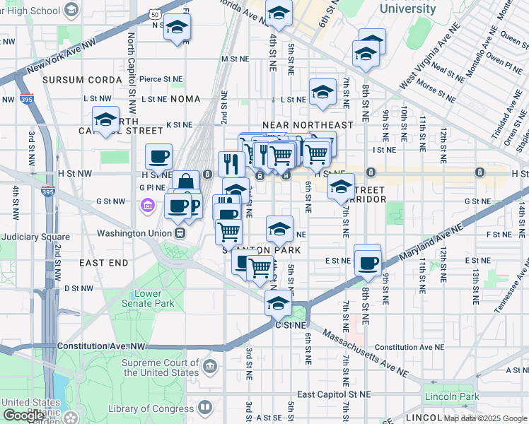 map of restaurants, bars, coffee shops, grocery stores, and more near 101 Independence Avenue Southeast in Washington