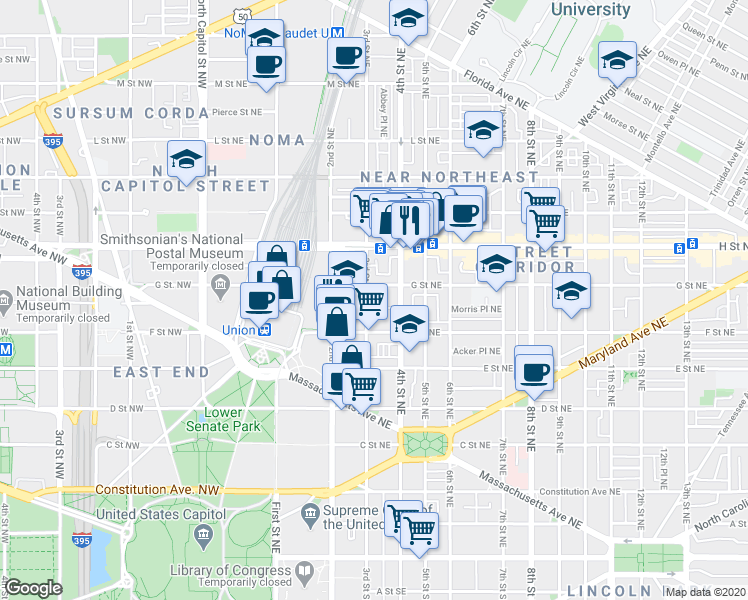 map of restaurants, bars, coffee shops, grocery stores, and more near 101 Independence Avenue Southeast in Washington