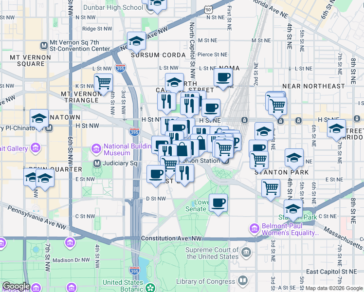 map of restaurants, bars, coffee shops, grocery stores, and more near 101 Independence Avenue Southeast in Washington